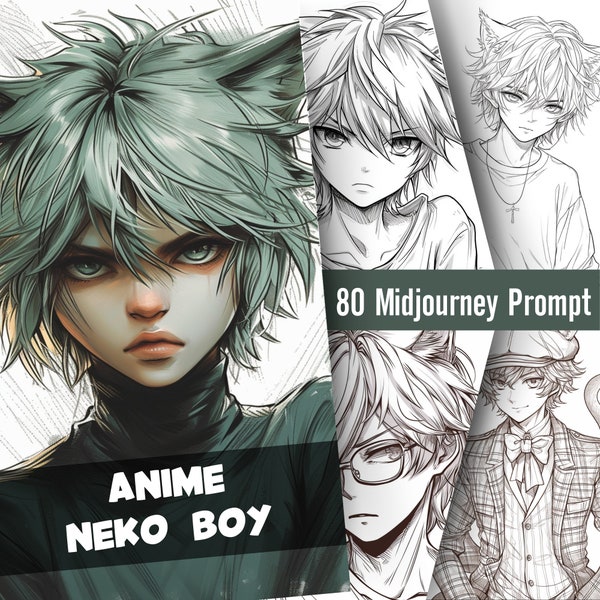 Anime Neko Boy Coloring Page Midjourney Prompt Guide, AI Art Generator Fantasy Grayscale Manga Activity Book & Amazon KDP, Midjourney V6