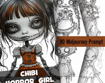 Chibi Horror Girl Coloring Page Midjourney Prompt Guide, AI Art Generator Grayscale Manga Activity Book & Amazon KDP Prompt, Midjourney V6