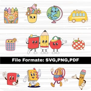 Groovy School Clipart Bundle, Retro Back to School Supplies Clip art, Teacher PNG Pastel Graduation, Clipart PNG Bundle, Daisy Books Pencil