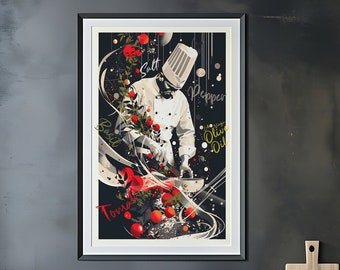 Impresión de arte de cocina gourmet moderna, decoración de arte de pared de cocina vibrante, cartel de arte de la vida culinaria, obras de arte de gastronomía moderna, regalo de chef creativo