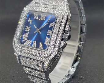 Mens Iced Out Blue Dial Hip Hop Luxury Full Ice Busted Diamond Watch Stainless Steel Bling Watch Birthday Gift For Men Shiny Quartz Watch