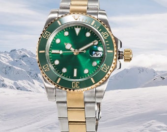 Orologio subacqueo classico in oro verde e argento - Orologio di marca di design di lusso, regalo per lui, orologio meccanico, orologio con quadrante con scatola (con logo)