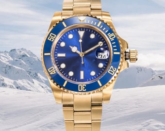 Orologio subacqueo in oro con quadrante blu: orologio di lusso, orologio di design, orologio di moda, orologio di marca, orologio, orologi, regalo per lui