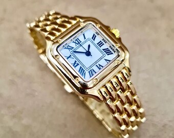 Luxus-Armbanduhr für Damen, goldfarbene Uhr, römisches Ziffernblatt, weißes Zifferblatt, minimalistische Uhr, edles Design, Geschenk für sie, Muttertagsgeschenk