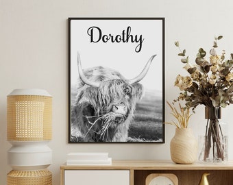 Personalised Named Animal Art Print - Highland Cow Fiona