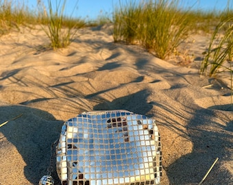 Può includere: Una pochette cosmetica argentata ricoperta da piccole tessere a specchio quadrate e riflettenti. La pochette presenta una chiusura a zip e un piccolo ciondolo a forma di sfera stroboscopica attaccato al cursore della cerniera.