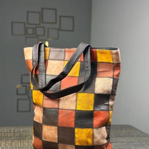 Handmade Leather Patchwork Tote Bag | Boho Shoulder Bag | Colorful Leather Purse | Vintage Style Tote | Unique Gift for Her
