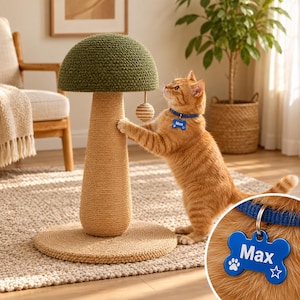 Klösträ för katt med svamp och anpassad katt-ID-bricka, klösträ i sisal, dinglande leksaker