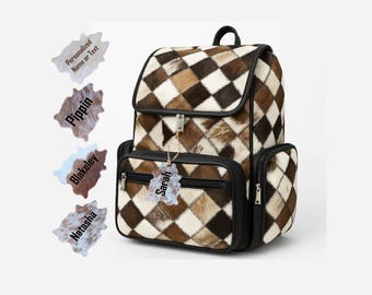Personalized Hair-on Cowhide Leather Backpack, Travel Diaper Bag