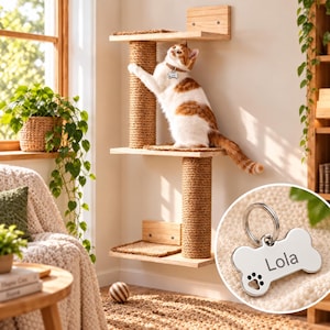 Wandregale aus Holz für Katzen mit Katzen-ID-Anhänger, Sisal-Kratzbaum, platzsparende Möbel