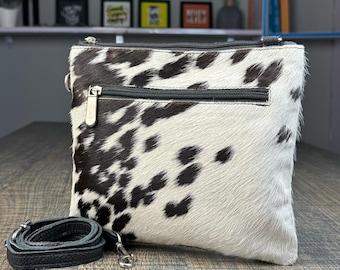 Cartera de mano de piel con pelo hecha a mano / Piel de vacuno auténtica / Monedero elegante y con estilo para mujer / Diseño único