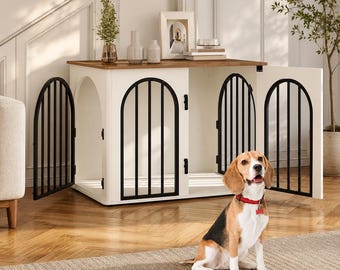 Móvel de madeira para cães, com 3 portas e mesa lateral arqueada, ideal para cães de pequeno porte.