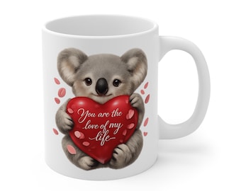 Koala Love Mug . Romantic Koala Holding Heart, Perfect Gift for Valentines Day