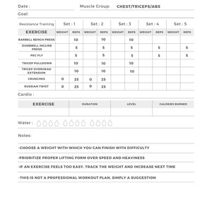 Simple Fitness Planner, Printable - Chest/Triceps/Abs Routine
