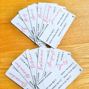 May include: White cards with pink text, each representing a month of the year, are fanned out on a wooden surface. The cards display the month's name, savings goals, and weekly amounts. The text "FRIDAY FUNDS" is also visible.