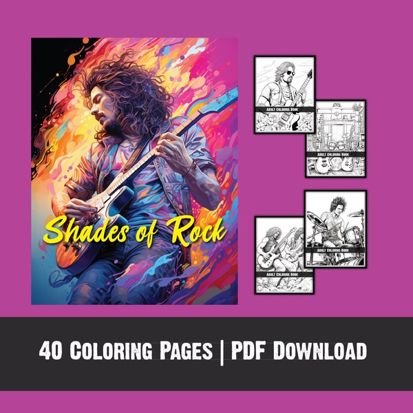 Rock and Roll Coloring Book: Adult Coloring Rock Music Heavy Metal Hair Bands Therapy | 40 Digital Coloring Pages Printable, PDF Download