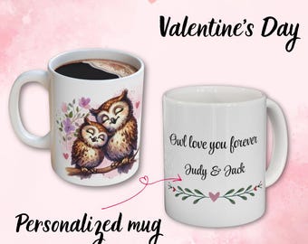 Personalized Owl Ceramic Mug: Watercolor Art, Valentine's Gift