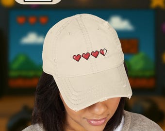 Embroidered Pixel Heart Gamer Hat: Distressed Cotton Cap