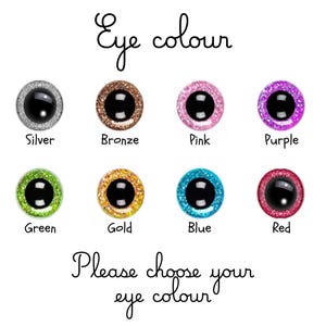 May include: A collection of eight circular craft eyes with black pupils and glittery irises in silver, bronze, pink, purple, green, gold, blue, and red. The text reads Eye colour and Please choose your eye colour below the rows of eyes.