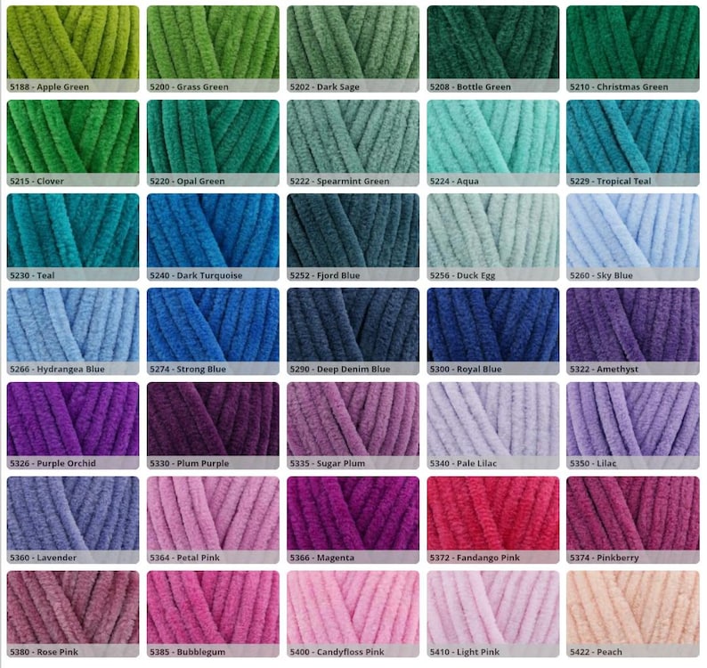 May include: A colour chart featuring forty swatches of plush, velvety yarn in various shades of green, blue, purple, and pink. Each swatch is labelled with a numerical code and a descriptive colour name, such as Apple Green, Teal, and Peach.