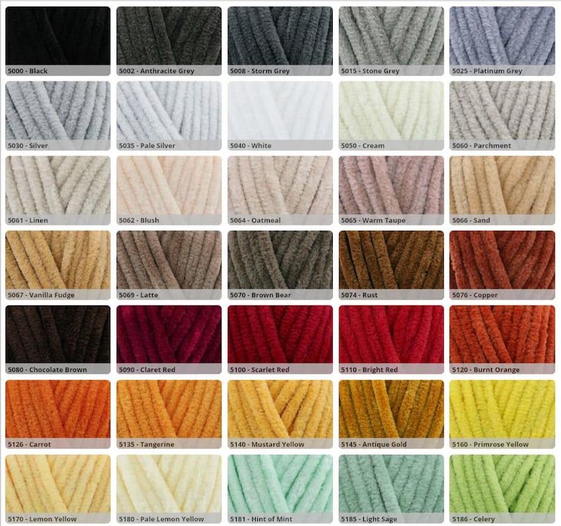 May include: A colour chart featuring forty swatches of plush, velvet-textured yarn. Each square displays a unique colour ranging from black, greys, and whites to earthy browns, reds, oranges, yellows, and greens, each labelled with a code and name.