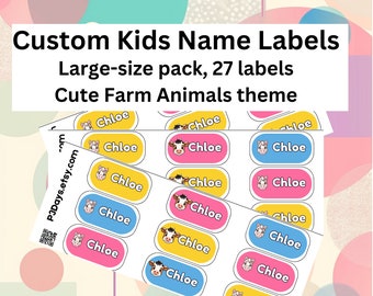 Kids Name Labels for Daycare Labels Dishwasher Safe Name Stickers for Water Bottles - Farm Animal theme, Personalized set of 27 stickers
