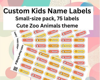 Kids Name Labels for Daycare Labels Dishwasher Safe Name Stickers for Water Bottles - Zoo Animals theme, Personalized set of 75 stickers