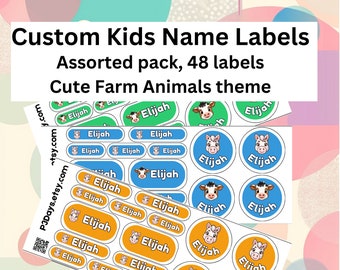 Kids Name Labels for Daycare Labels Dishwasher Safe Name Stickers for Water Bottles - Farm Animal theme, Personalized set of 48 stickers