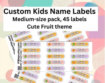 Kids Name Labels for Daycare Labels Dishwasher Safe Name Stickers for Water Bottles - Cute Fruits theme, Personalized set of 45 stickers