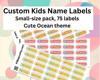 Kids Name Labels for Daycare Labels Dishwasher Safe Name Stickers for Water Bottles - Cute Ocean Theme, Personalized set of 75 stickers