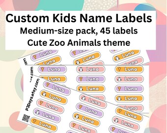 Kids Name Labels for Daycare Labels Dishwasher Safe Name Stickers for Water Bottles - Cute Zoo Animal theme, Personalized set of 45 stickers