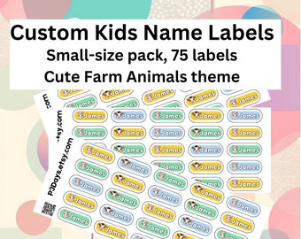 Kids Name Labels for Daycare Labels Dishwasher Safe Name Stickers for Water Bottles - Cute Farm Animal, Personalized set of 75 stickers