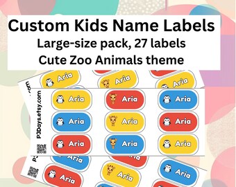 Kids Name Labels for Daycare Labels Dishwasher Safe Name Stickers for Water Bottles - Cute Zoo Animal theme, Personalized set of 27 stickers