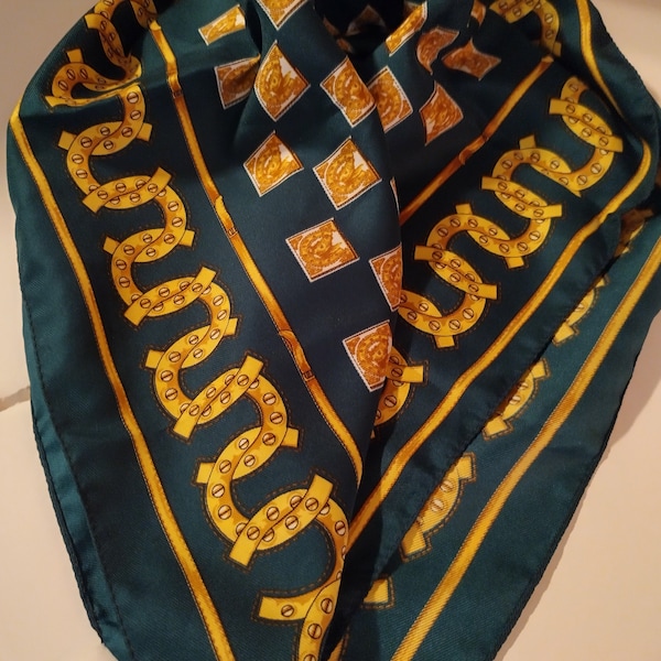 Vintage Pot of Gold Green and Gold Scarf with Green and Gold Checker Board with Gold Horse Shoes around the Border - Free Gift with Purchase