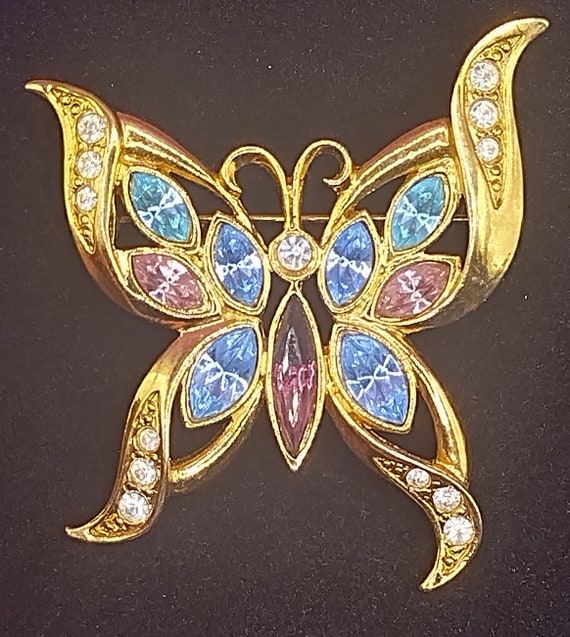 Vintage Avon Rhinestone Butterfly Brooch in Gold E