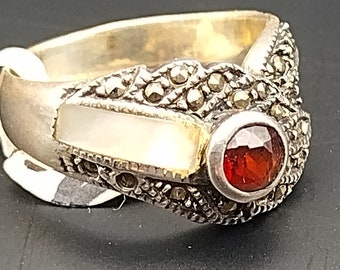 Vintage Victorian Handmade Garnet w Mother of Pearl wrap surrounded by Marquisites band ring Size 5