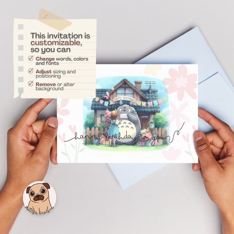 Editable, Pink Totoro Happy Birthday Printable Folded Card, Digital ...