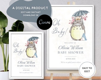 Digital Welcome Totoro, Baby Shower Welcome Sign, Girl Boho Shower Welcome Poster, Printable Template Instant Download, Floral Welcome Sign