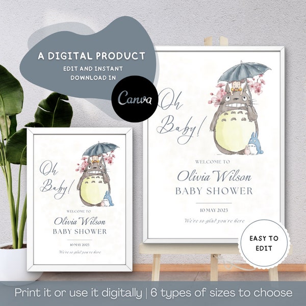 Digital Welcome Totoro, Baby Shower Welcome Sign, Girl Boho Shower Welcome Poster, Printable Template Instant Download, Floral Welcome Sign