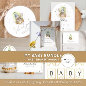 Bearbeitbares Babyparty-Bundle druckbare Dekoration Waldgeist Gender Neutral, Tags, Invite Evite, Dankeskarte, Willkommensschild, japanischer Anime