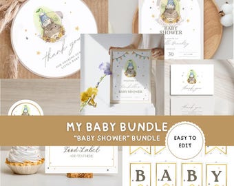 Editable Baby Shower Bundle Printable Decoration Forest Spirit Gender Neutral, Tags, Invite Evite, Thanks Card, Welcome Sign, Japanese Anime