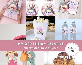 Editable Forest Spirit Pink Birthday Bundle Printable Decorations, Ghibli Japanese Anime, Kids Party Large Bundle, Printable Characters