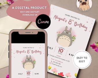 Editable Forest Spirit Girls Birthday Invitation, Printable Template Kids Birthday, Instant Download, Japanese Anime Party Pink Digital Card