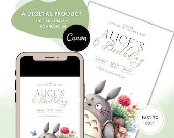 Editable Greenery Birthday Invitation, Printable Totoro Invitation Template, Ghibli Party, Instant Download, My Neighbor Party