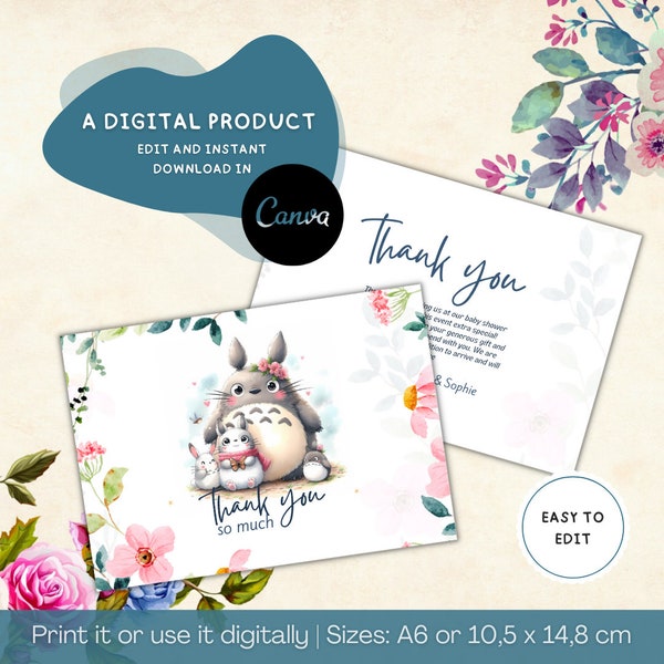 Thank you Card, Editable, Totoro Theme, Baby Shower Thanks Card, Baby Shower Celebration, Printable and Customizable, Instant Download
