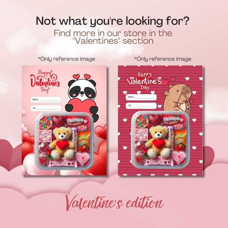 May include: Two Valentine's Day gift boxes featuring a plush teddy bear holding a red heart, surrounded by assorted sweets and snacks. The left card shows a panda, the right a capybara. Text includes "Happy Valentine's Day", "From", and "To".
