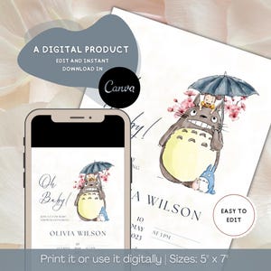 May include: A digital baby shower invitation template featuring a watercolor illustration of a large grey creature with a yellow belly holding a dark umbrella, with a small blue creature and a child nearby, text reads Oh Baby! and Olivia Wilson.