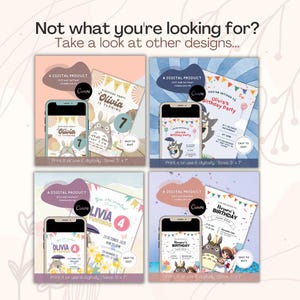 May include: Four digital birthday invitation templates displayed on smartphones and printed cards. Each design features cartoon characters, party decorations, and editable text fields. The text reads: Not what you're looking for? Take a look at other designs. Print it or use it digitally. Sizes: 5" x 7".