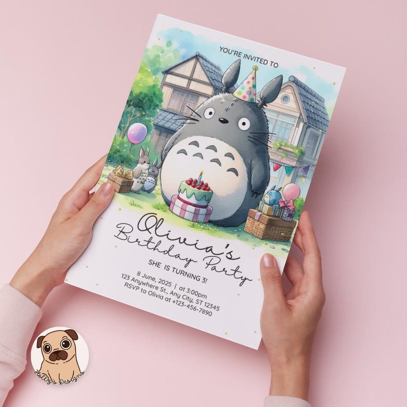 May include: A birthday party invitation card featuring a large grey creature wearing a polka-dot party hat, standing in front of a house with a cake and gifts. The text reads: YOU'RE INVITED TO, Olivia's Birthday Party, SHE IS TURNING 3!, 8 June, 2025.