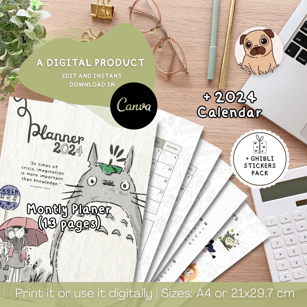 Editable, My Neighbor Totoro Theme, Monthly Planner, 2024 Calendar